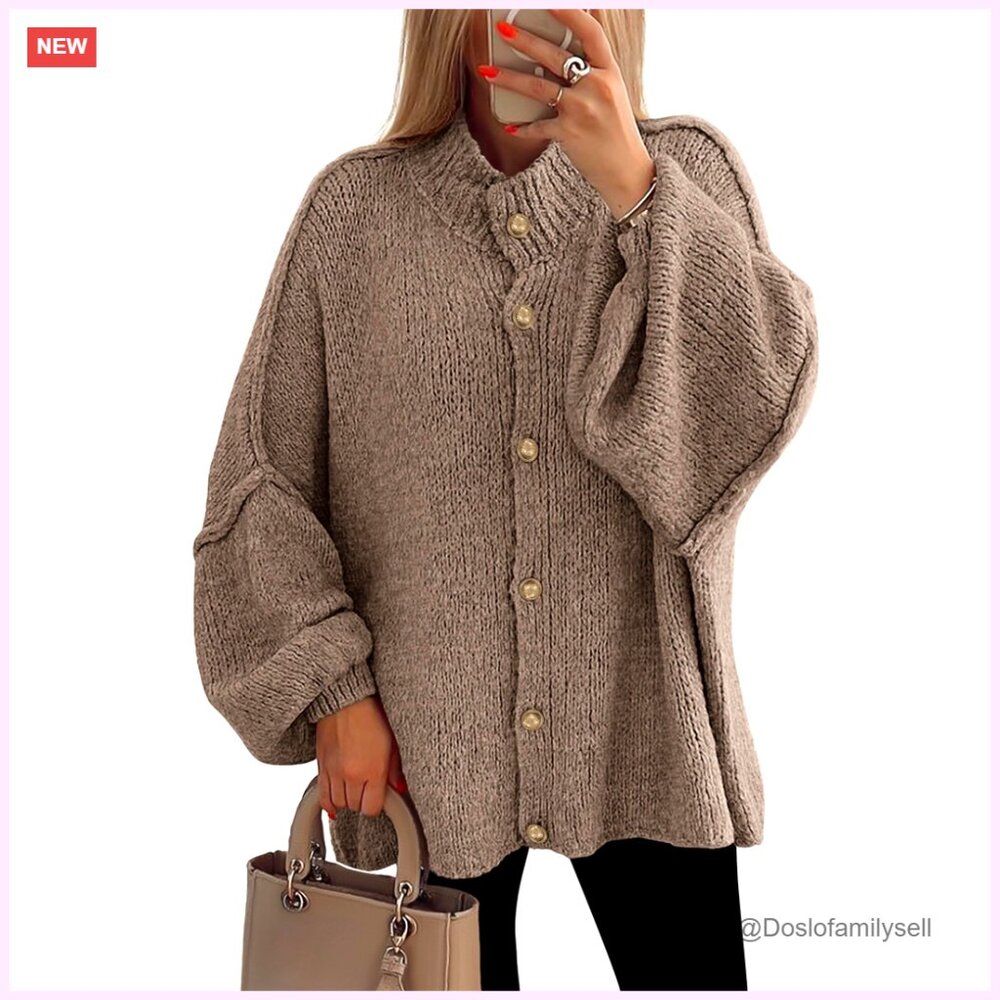 Women's Chunky Knit Cardigan Button Down Mock Neck Lantern Sleeve Winter Sweater